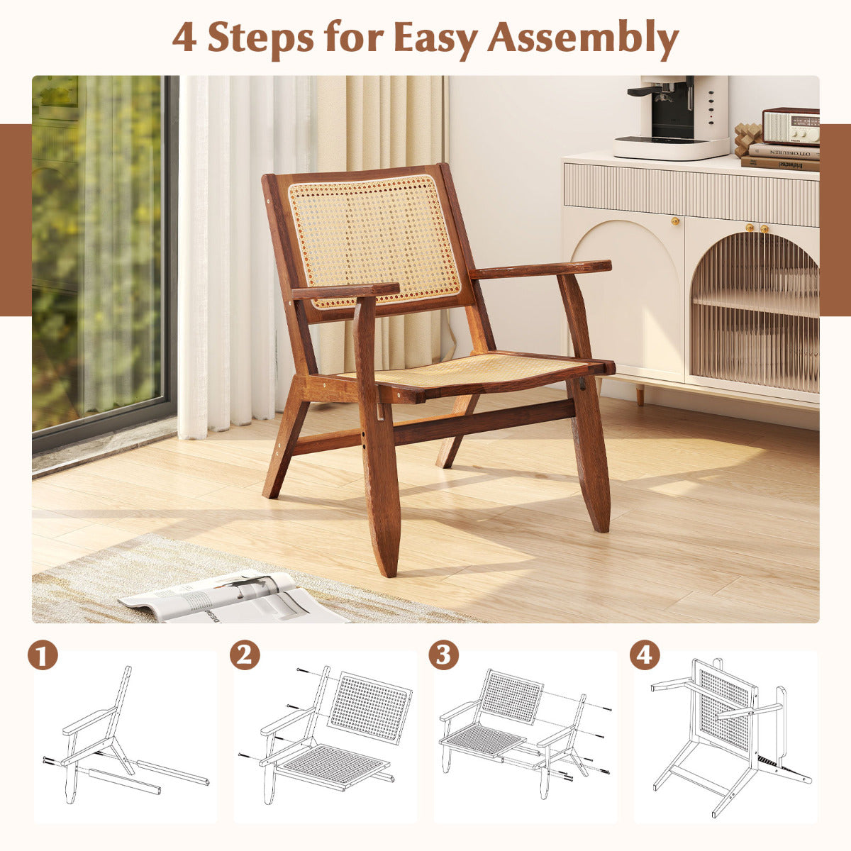 Boho Rattan Accent Chair with Solid Bamboo Wood-Walnut