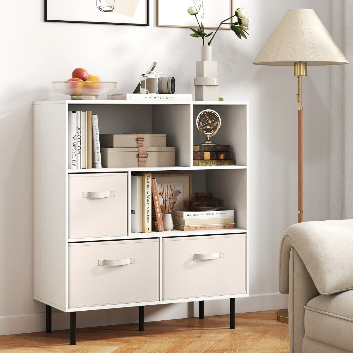 3-Tier Bookcase with 3 Removable Folding Fabric Drawers-White