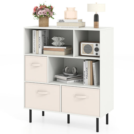 3-Tier Bookcase with 3 Removable Folding Fabric Drawers-White