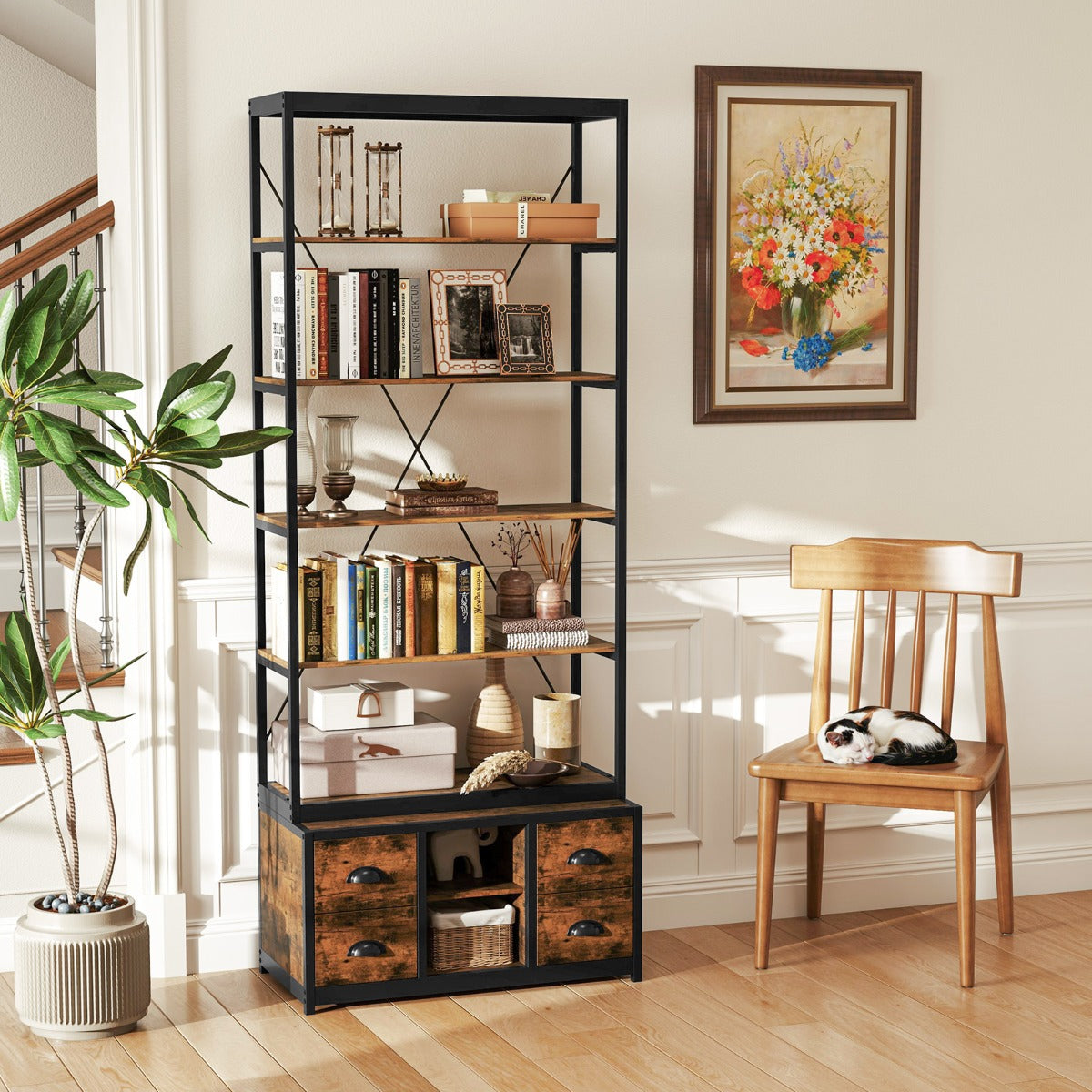 8-tier Bookshelf with Storage and 4 Fabric Drawers -Rustic Brown