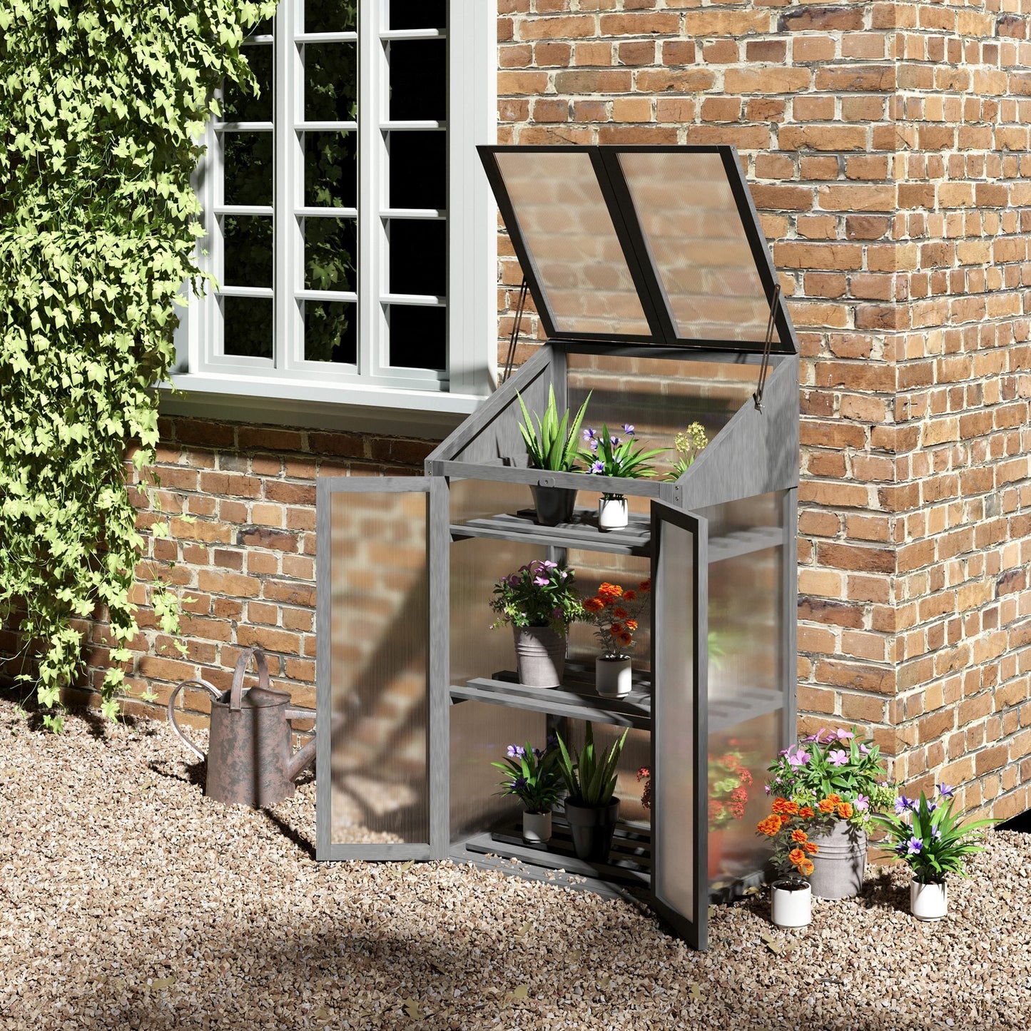 Outsunny Wooden Cold Frame Polycarbonate Greenhouse with Openable Top Cover and Double Door, Grow House for Flower, Vegetable and Plants, 70 x 50 x 120cm, Grey
