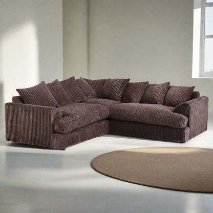 Brown sectional sofa in a minimalistic room with a round rug.