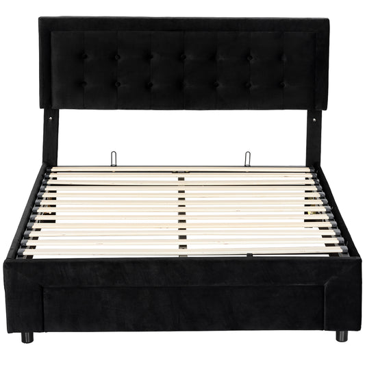 HOMCOM King Ottoman Bed Frame, Upholstered Bed Frame with Storage Drawer and Adjustable Headboard, 5ft, Black