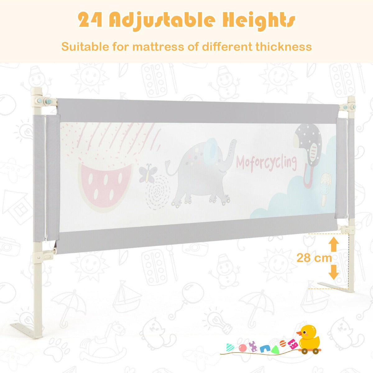 175CM Baby Bed Rail Guard with Double Safety Lock and Adjustable Height-Grey