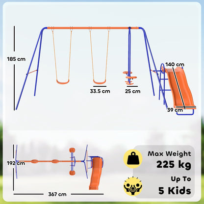 Outsunny Four-In-One Metal Garden Swing Set, with Double Swings, Glider, Slider, Ladder - Orange and Blue