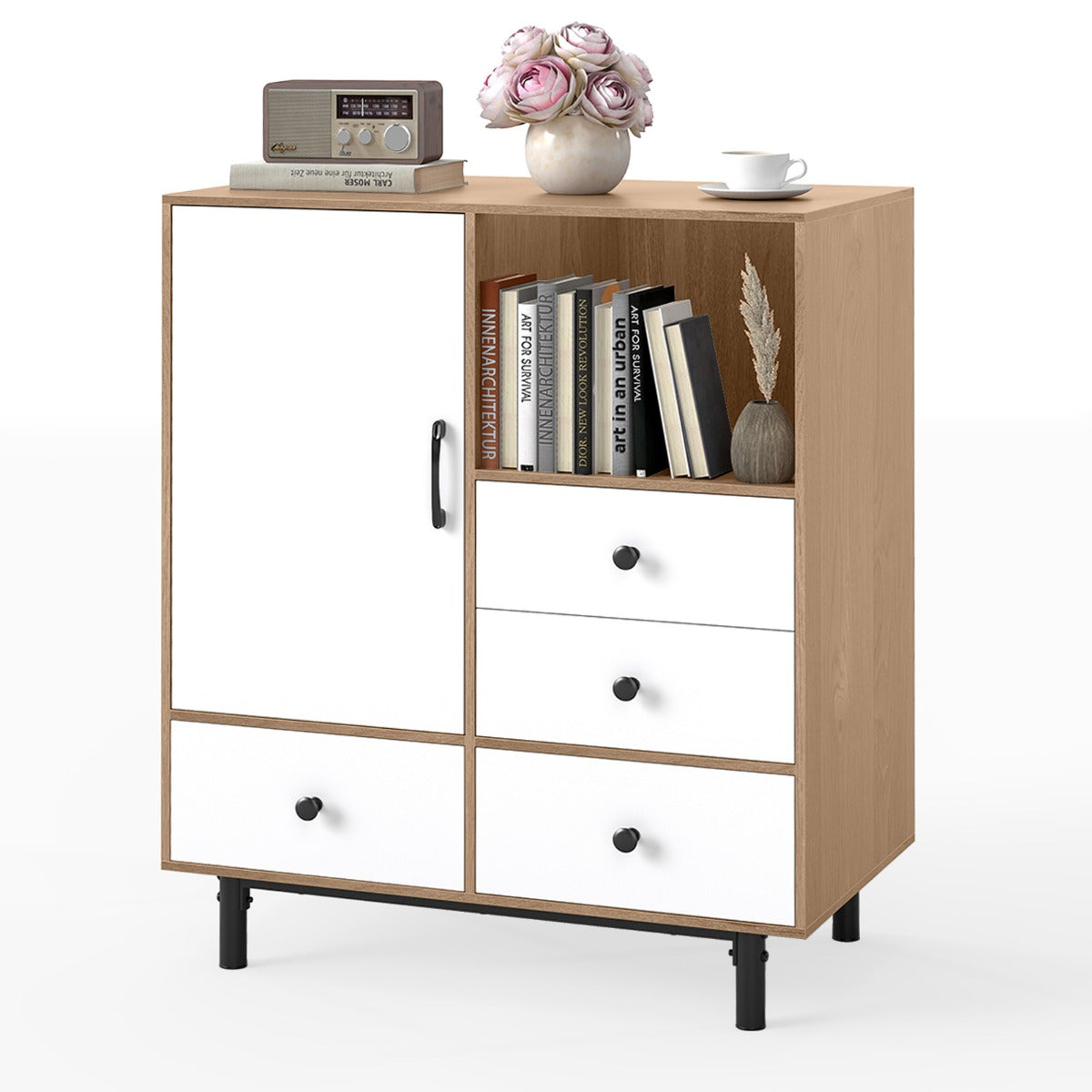 Buffet Sideboard Mid Century Modern Storage Cabinet with 4 Drawers-Natural