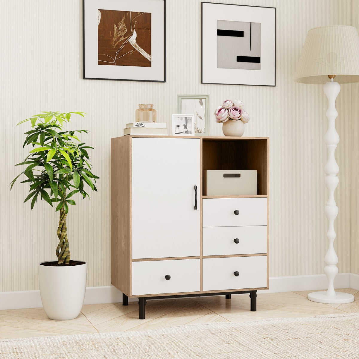 Buffet Sideboard Mid Century Modern Storage Cabinet with 4 Drawers-Natural