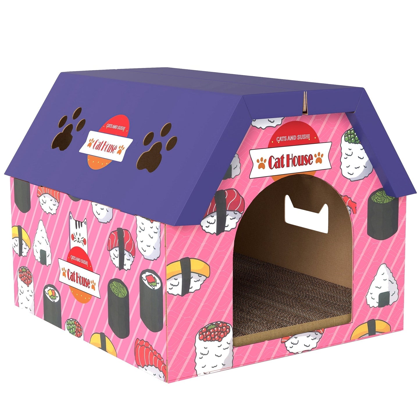 PawHut Cat Scratching Board, 2-in-1 Cardboard Cat House and Hideaway for Indoor Cats, Pink