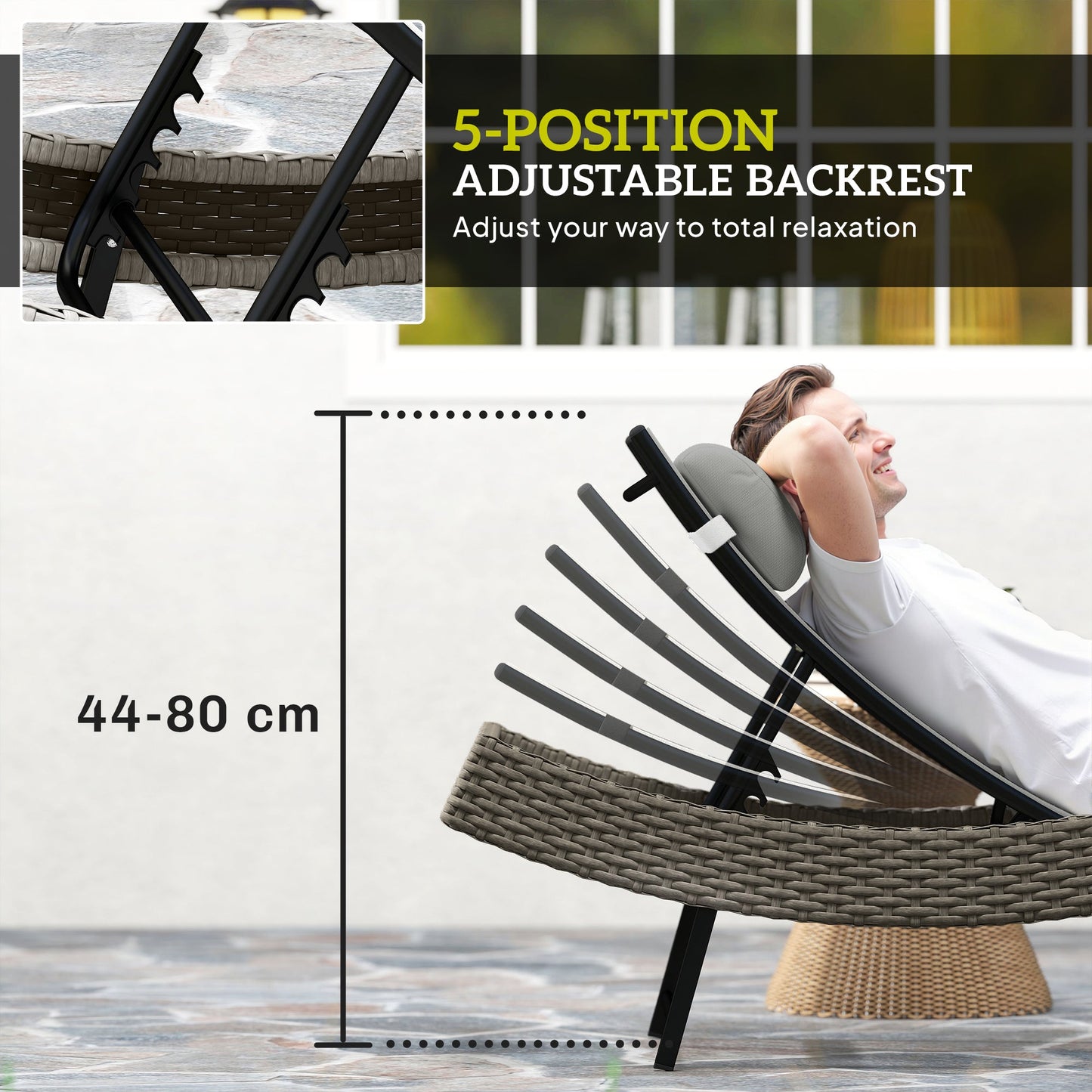 Outsunny Rattan Sun Lounger, Garden Recliner with 5 Position Adjustable Back, S Shaped Texteline Seat, Headrest, Light Grey