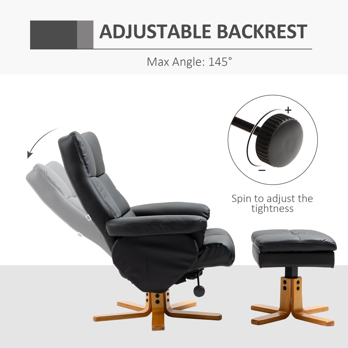 HOMCOM PU Leather Swivel Recliner Chair with Footstool, Wooden Base and Storage for Living Room, Black