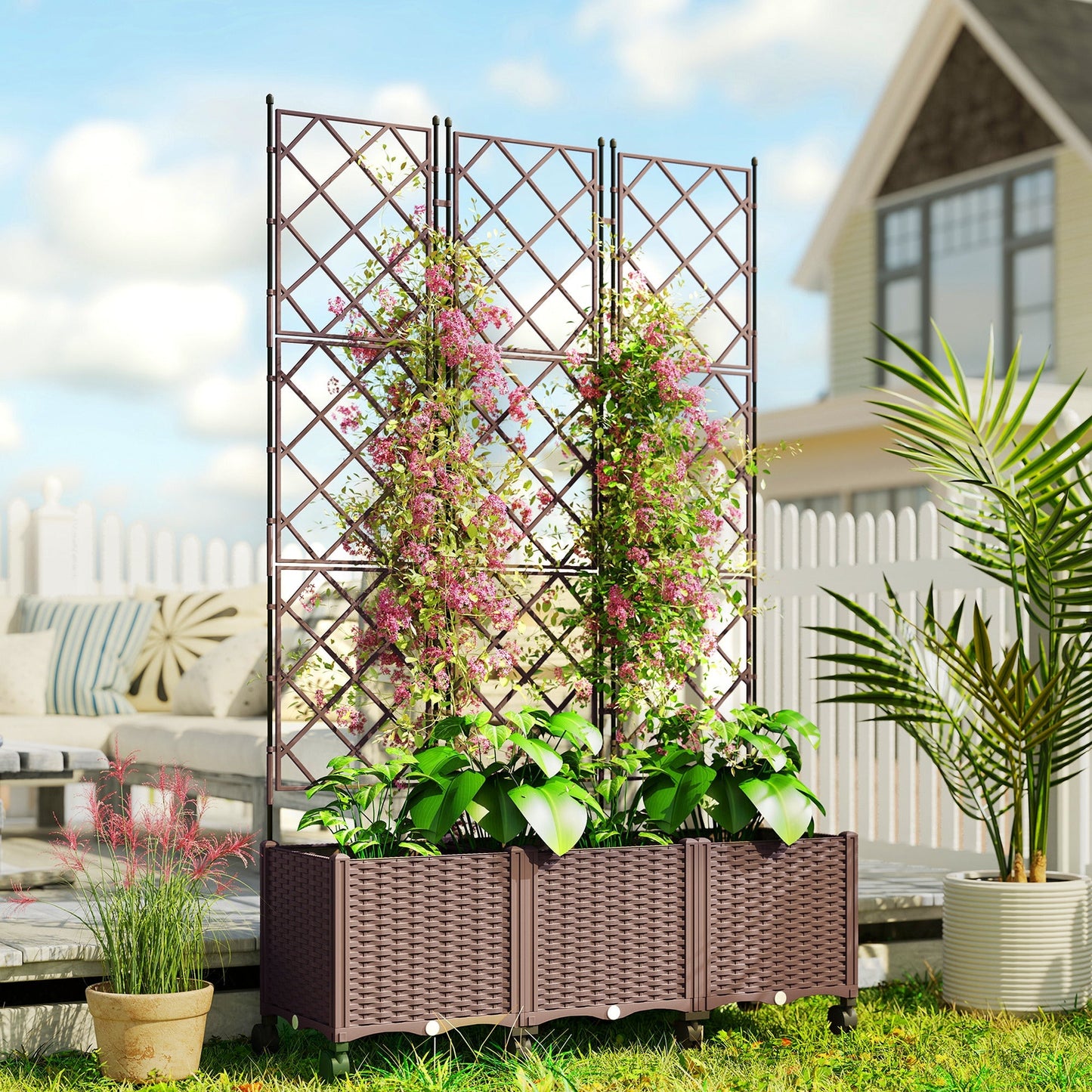Outsunny Plastic Raised Planter with Trellis, Self Watering Raised Bed for Garden with Wheels, Drainage Holes and Plugs