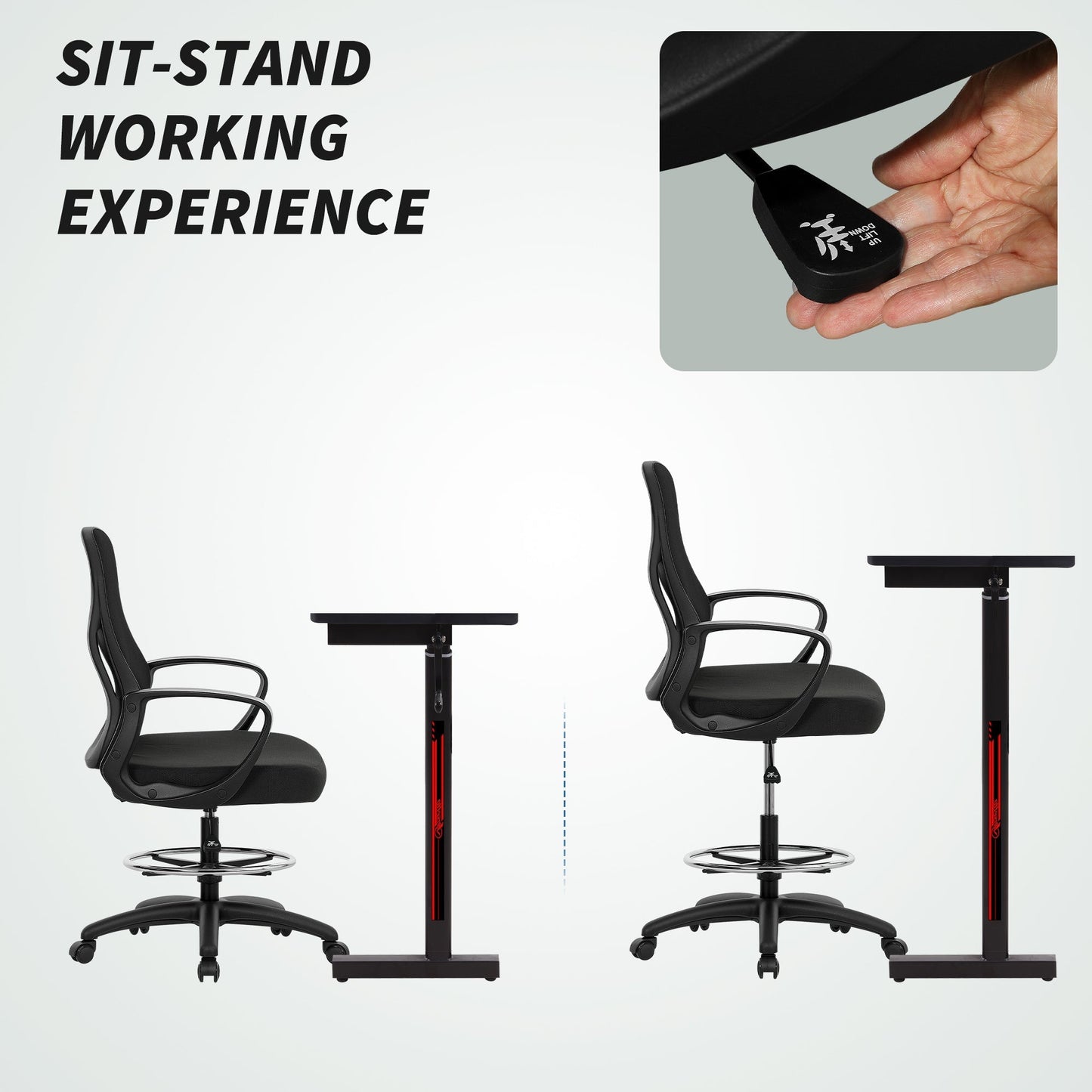 Vinsetto Drafting Chair with Adjustable Footrest, Ergonomic Mesh Office Chair with Lumbar Support, Adjustable Height for Standing Desk, Black