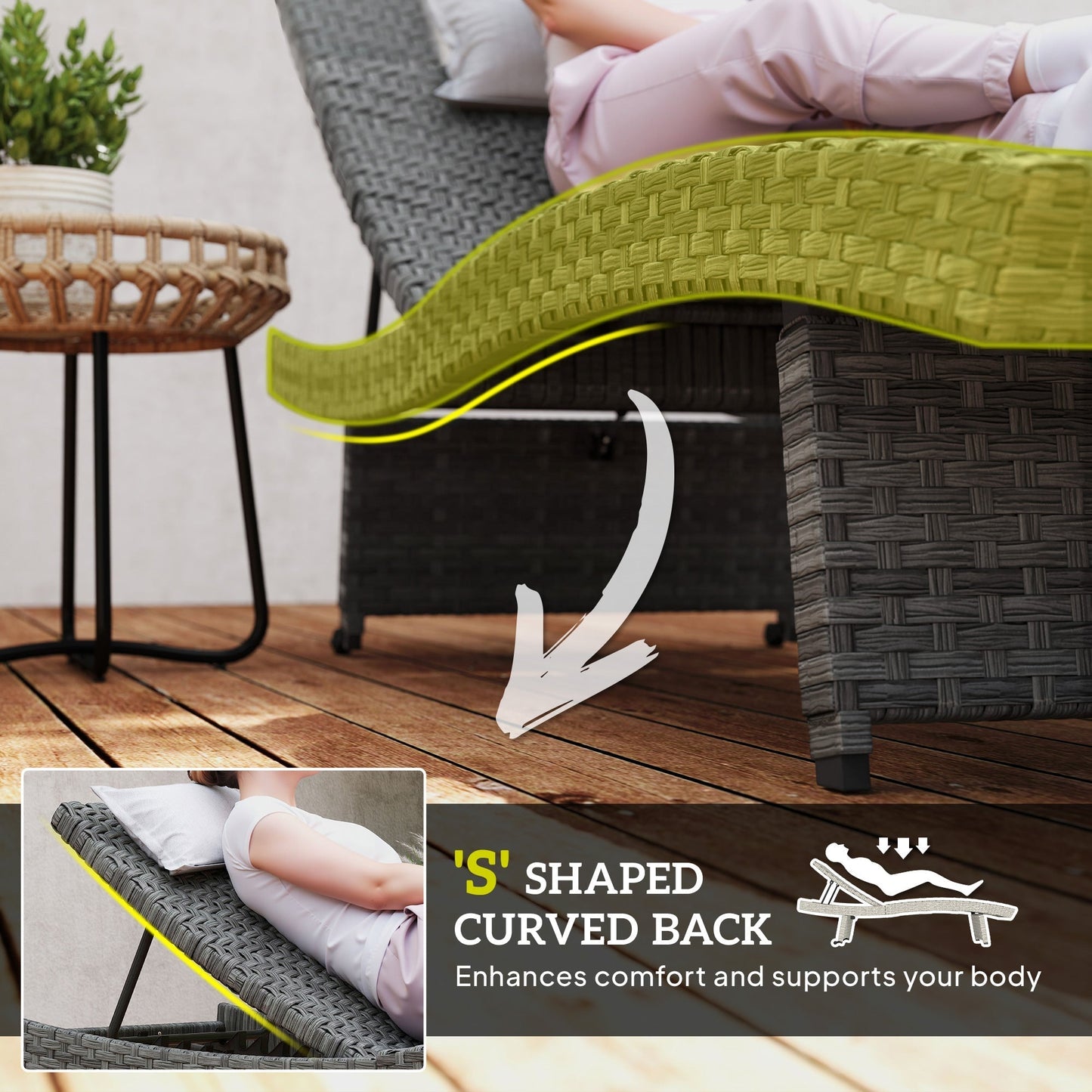 Outsunny Outdoor PE Rattan Sun Lounger, Folding Wicker Garden Lounger Recliner with 4-Level Adjustable Backrest, Rolling Sunbed Lounge Chair with Wheels, Non-Slip Legs for Balcony, Beach, Mixed-grey