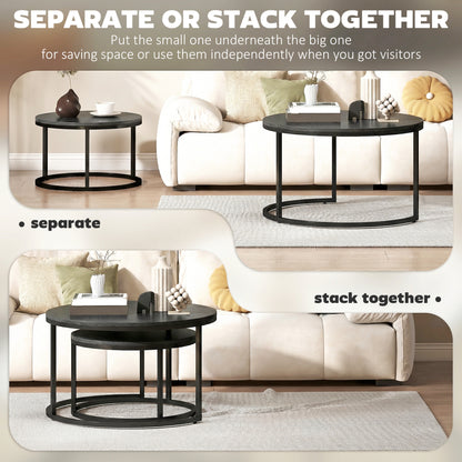 HOMCOM Set of Two Wood-Effect Stacking Tables - Black Wood Grain