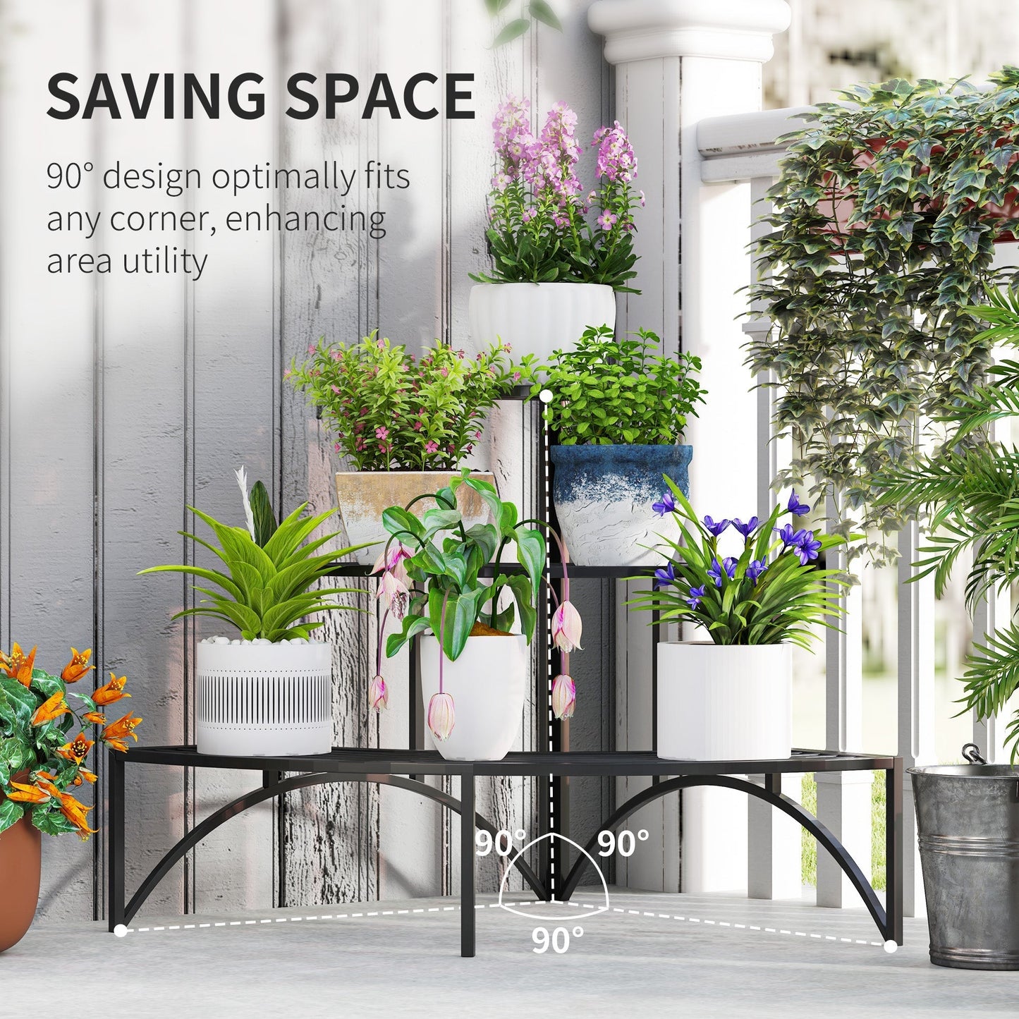 Outsunny Three-Tier Corner Metal Plants Shelves - Black