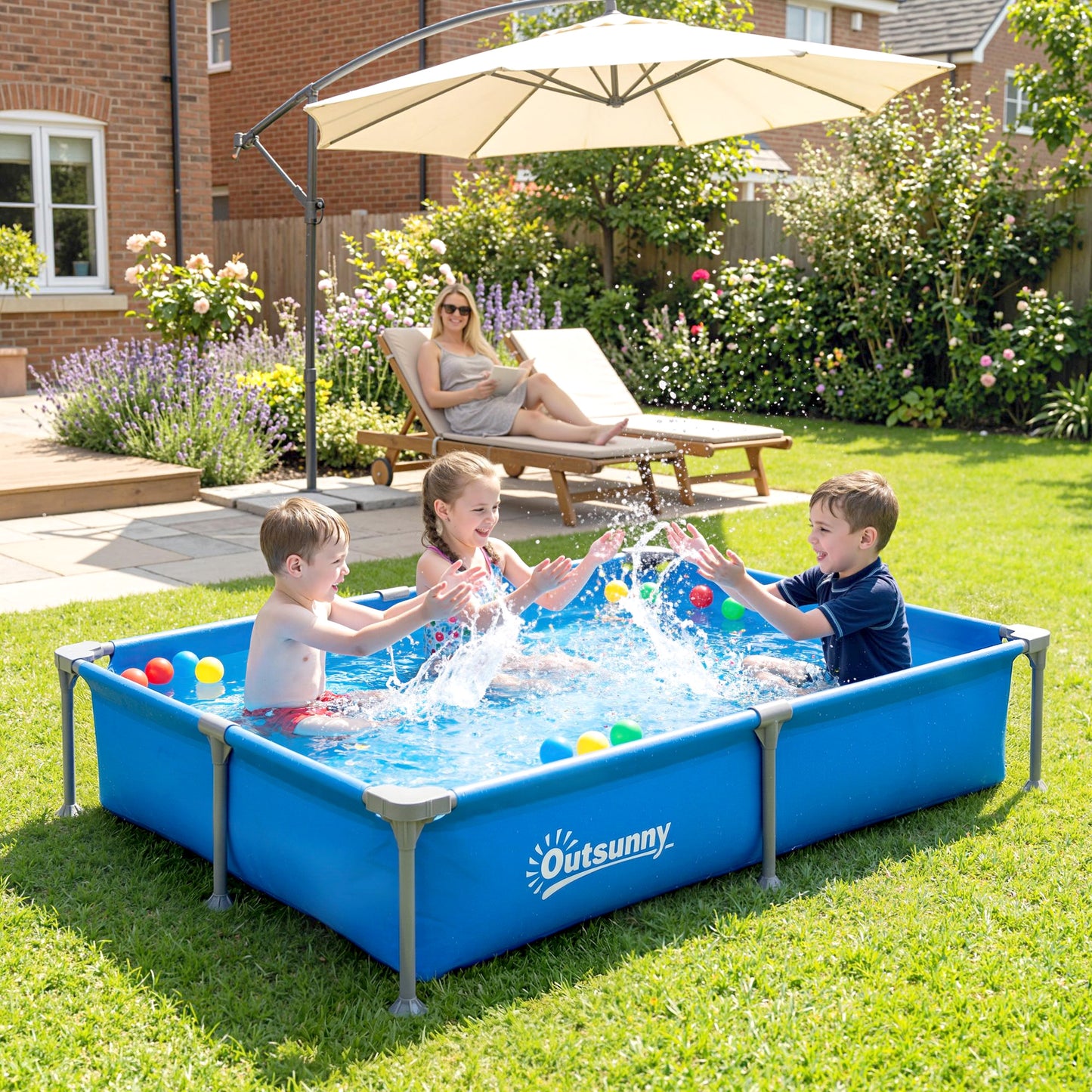 Outsunny Metal Frame Swimming Pool, Rectangular Above Ground Frame Pool with Repair Patch, 229 x 160 x 43 cm, Blue