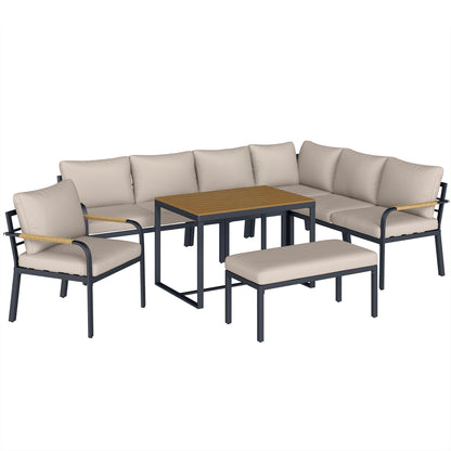 Outsunny 7 Seater Garden Furniture Set, Metal Garden Sofa Set with Cushions, Outdoor Furniture Conversation Sets, Khaki