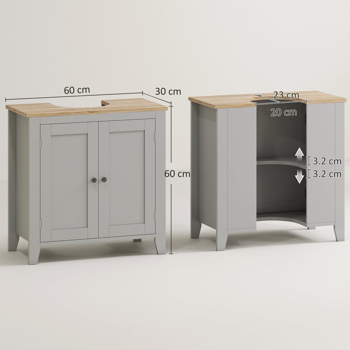 kleankin Under Sink Cabinet, Bathroom Sink Cabinet with 2 Doors, Pedestal Under Sink Design, Freestanding Bathroom Cupboard with Adjustable Shelf, Grey