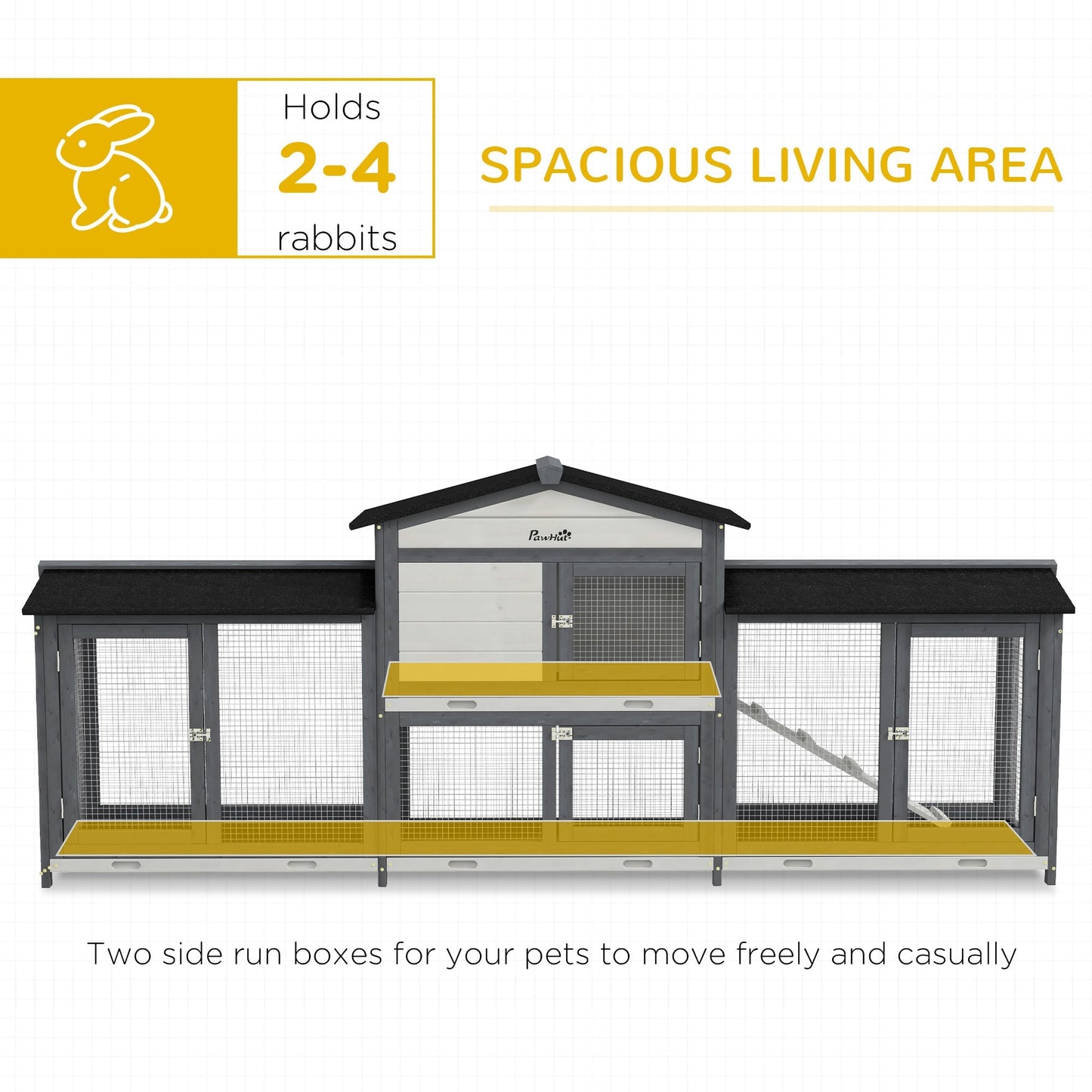 PawHut 2-Tier Large Rabbit Hutch Outdoor with Double Side Run Boxes, No-leak Plastic Tray, Ramp, 230 x 53 x 93.5cm, Light Grey