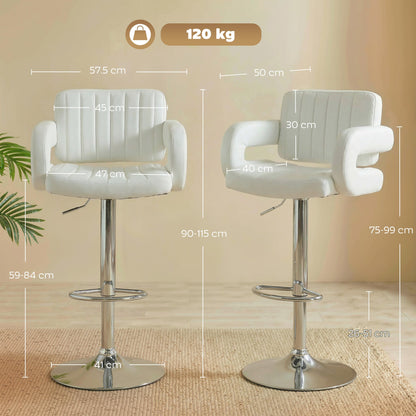 HOMCOM Bar Stools Adjustable Swivel Kitchen Chairs with Backrest Armrest Set of 2 PU Leather White