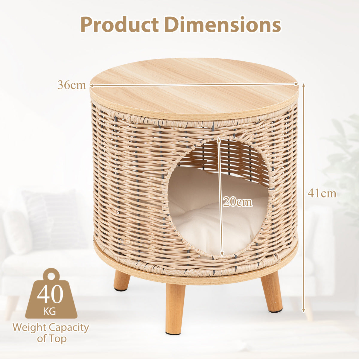 Cat House with Breathable Rattan Frame and Rubber Wood Legs-Beige