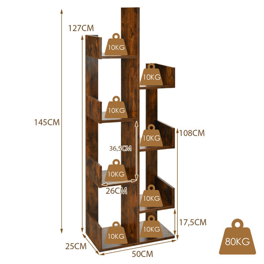 8-Tier Tree-Shaped Bookshelf Storage Shelf Bookcase with Anti-Tip Device Brown