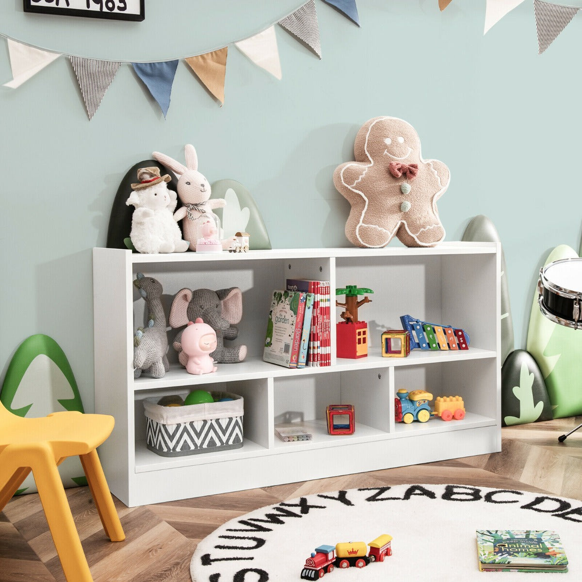 Wooden Storage Bookcase with 2 Tiers and 5 Cubes-White