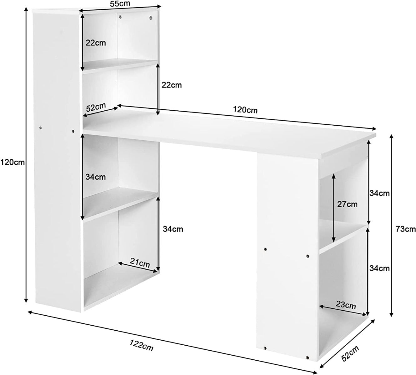 Modern 3-in-1 Wooden Computer Desk with 6-Tier Storage Bookshelves-White