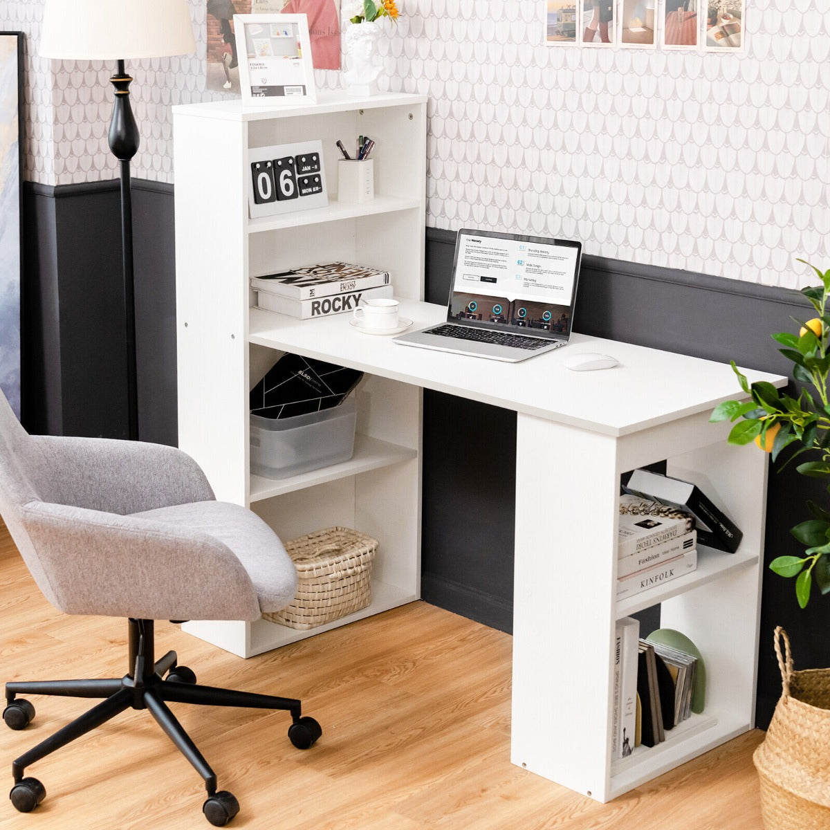 Modern 3-in-1 Wooden Computer Desk with 6-Tier Storage Bookshelves-White