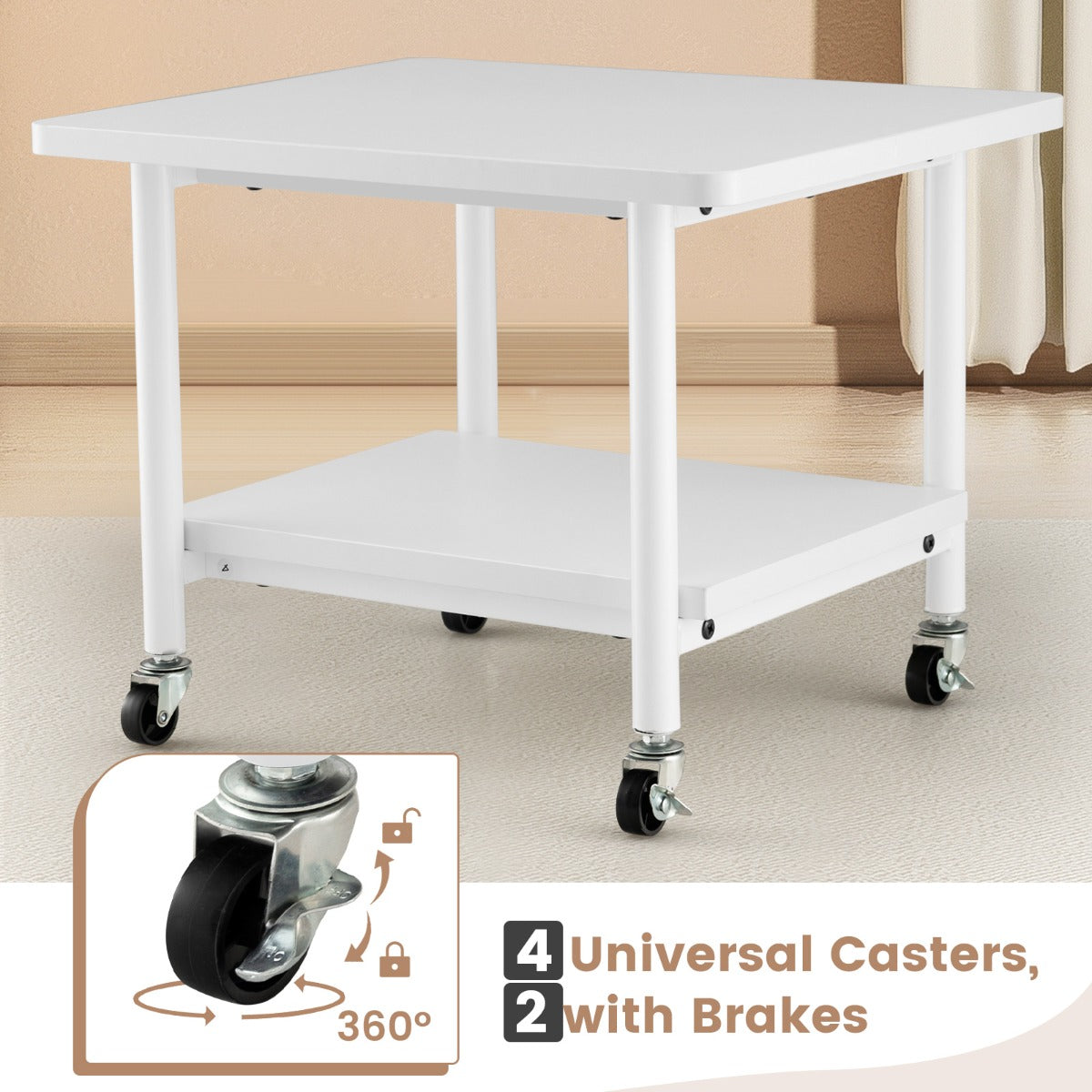 2 Tier Wooden Printer Stand with 360° Swivel Casters-White
