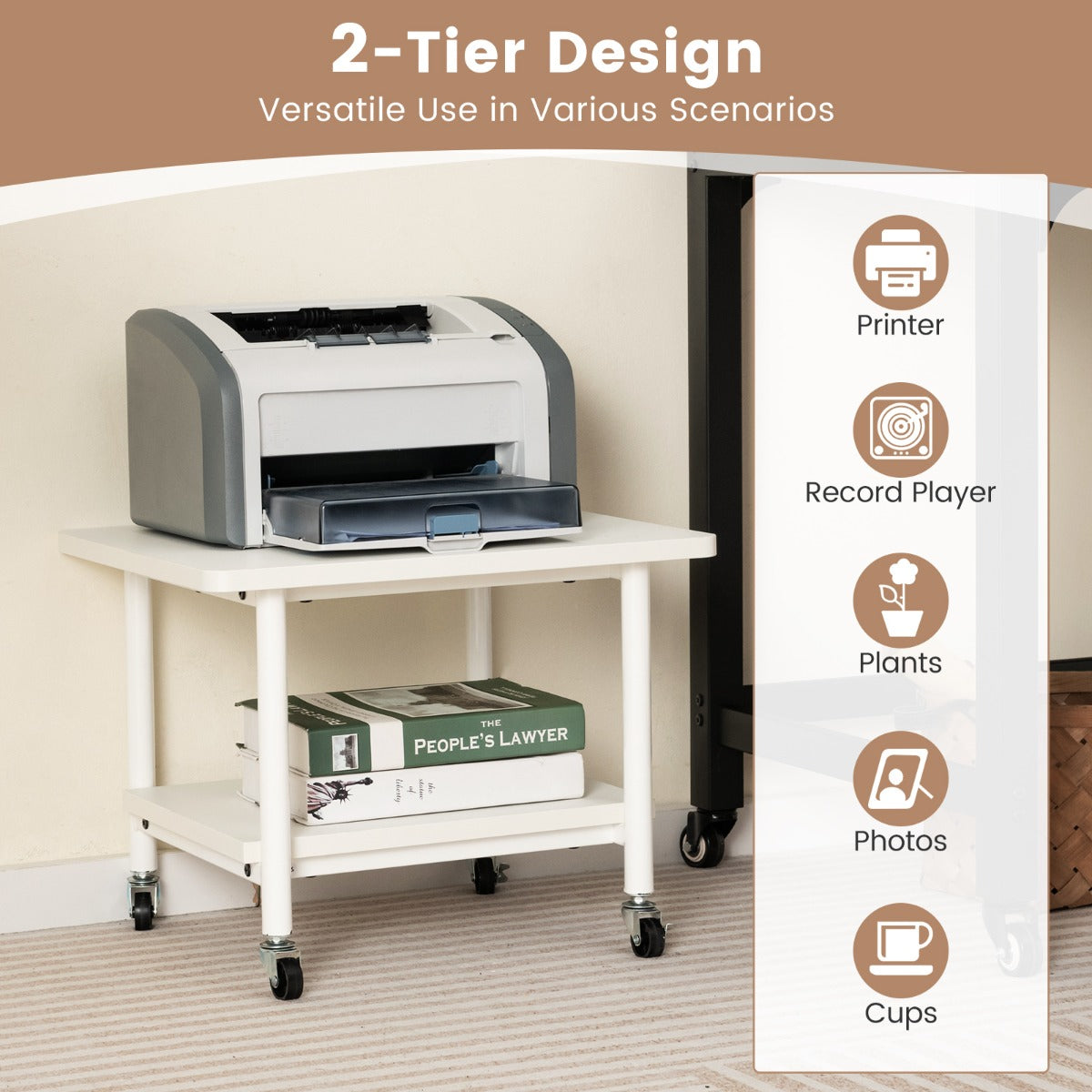 2 Tier Wooden Printer Stand with 360° Swivel Casters-White