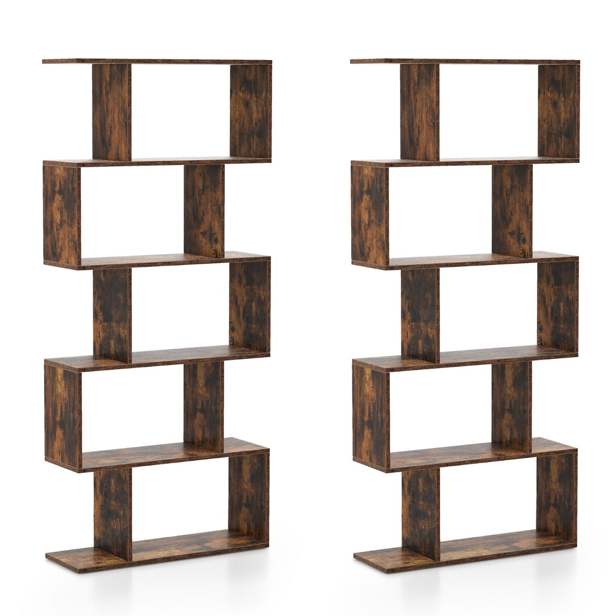 Geometric S-Shaped Bookcase with Anti-Toppling Device for Living Room Home Office-Brown