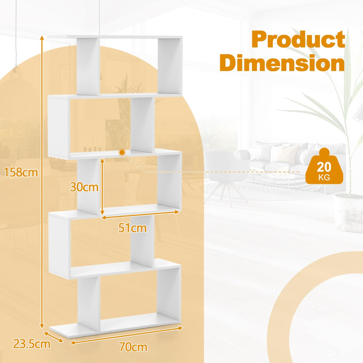 Geometric S-Shaped Bookcase with Anti-Toppling Device for Living Room Home Office-White