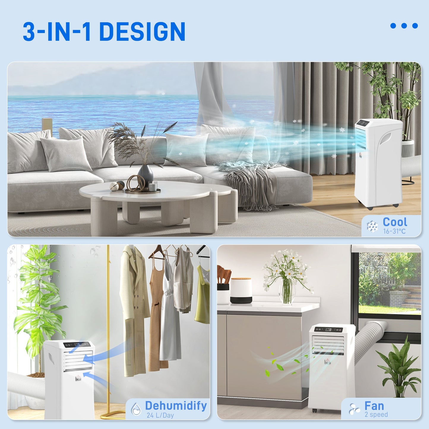 HOMCOM 9000 BTU Air Conditioning Unit, 3-in-1 Portable Air Conditioner, Dehumidifier, Cooling Fan with Remote Control, Digital Display, 2 Speeds, 24H Timer, Window Venting Kit, 28m_