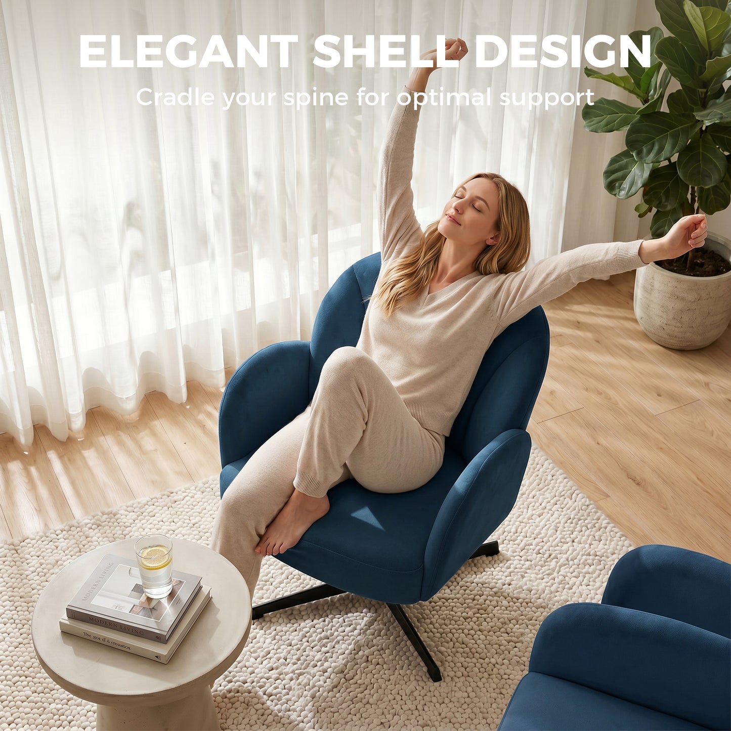 HOMCOM Swivel Accent Chair, Shell-Shaped Armchair with Spring Cushion, Metal Base, Dark Blue