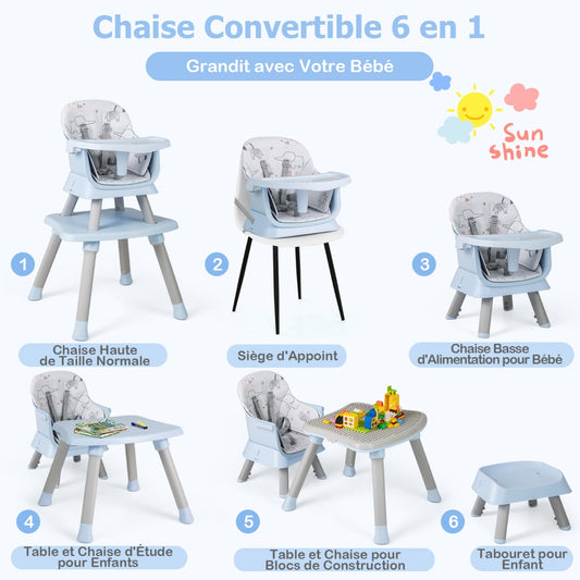 6 in 1 Baby High Chair Convertible Baby Feeding Chair Kids Stool with 5 Point Harness Tray and Blue