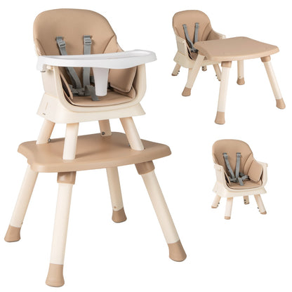 6 in 1 Baby High Chair Convertible Baby Feeding Chair Kids Stool with 5 Point Harness Tray and Brown