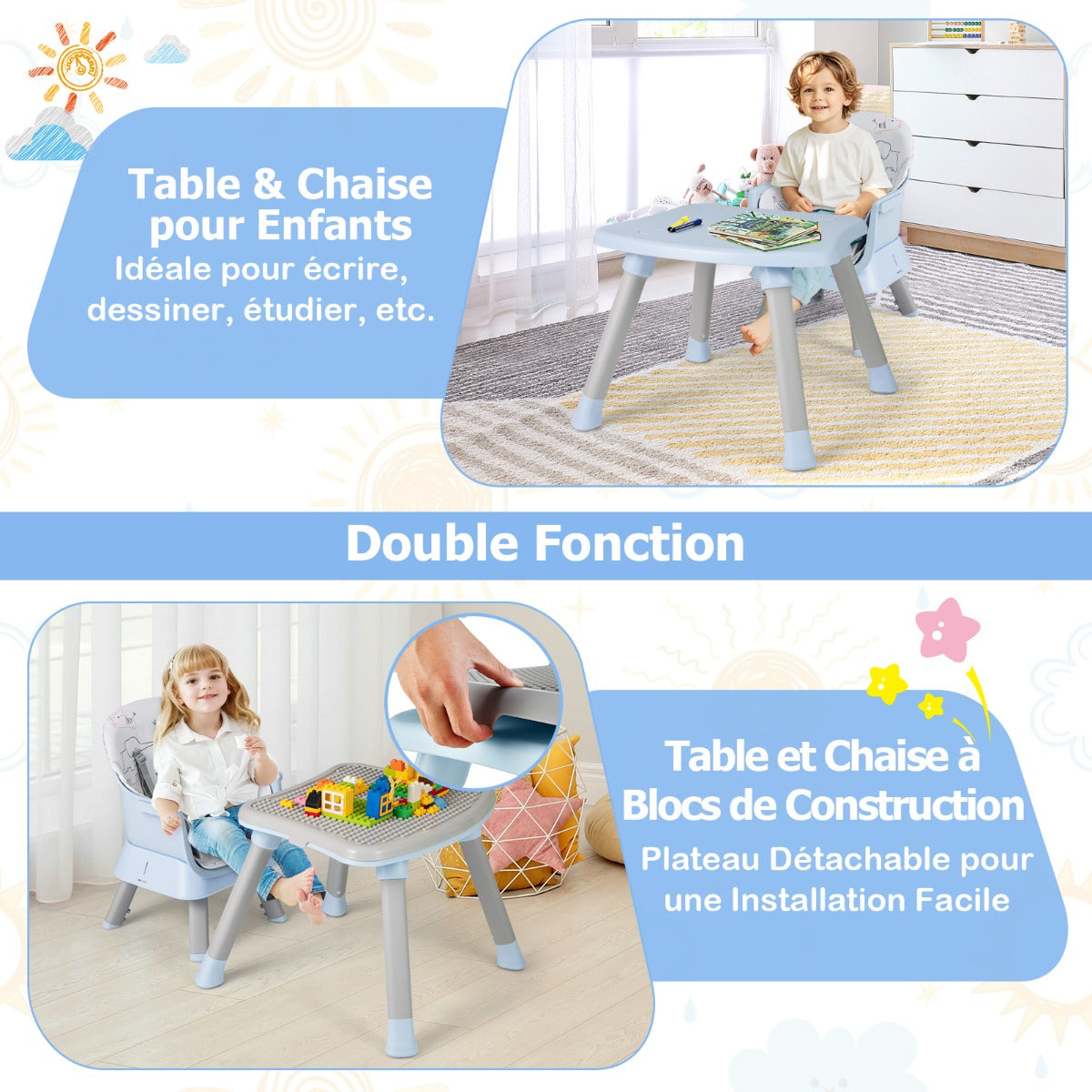 6 in 1 Baby High Chair Convertible Baby Feeding Chair Kids Stool with 5 Point Harness Tray and Blue
