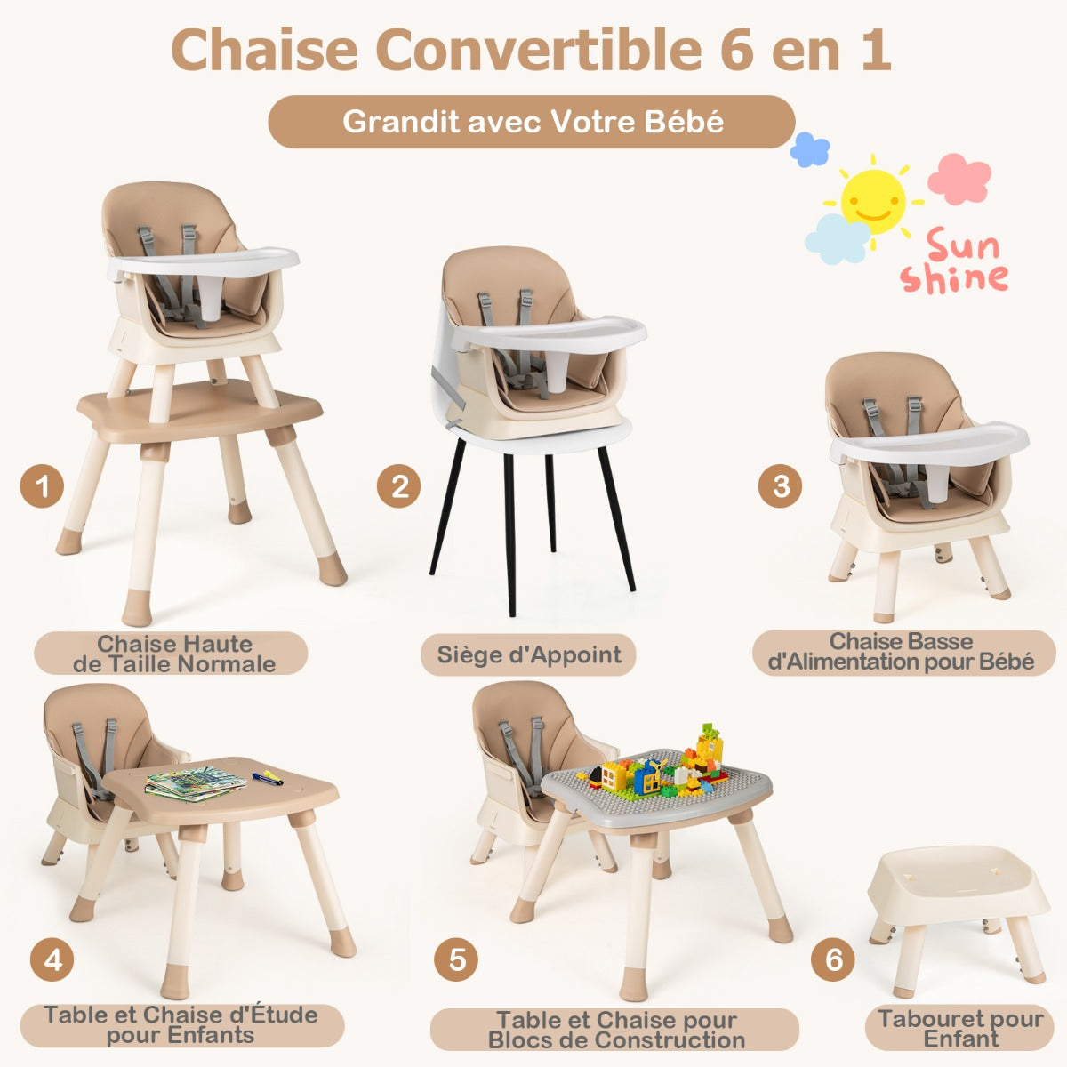 6 in 1 Baby High Chair Convertible Baby Feeding Chair Kids Stool with 5 Point Harness Tray and Brown
