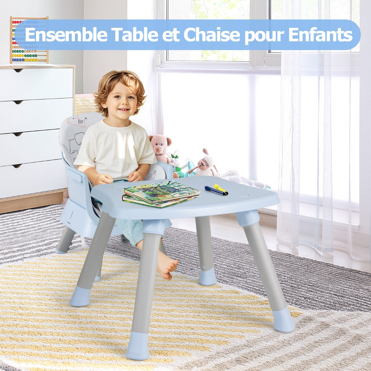 6 in 1 Baby High Chair Convertible Baby Feeding Chair Kids Stool with 5 Point Harness Tray and Blue
