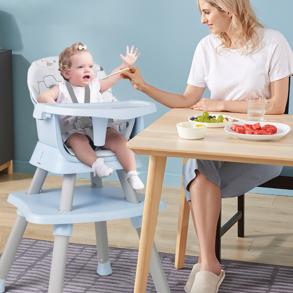 6 in 1 Baby High Chair Convertible Baby Feeding Chair Kids Stool with 5 Point Harness Tray and Blue