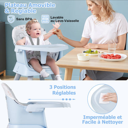 6 in 1 Baby High Chair Convertible Baby Feeding Chair Kids Stool with 5 Point Harness Tray and Blue