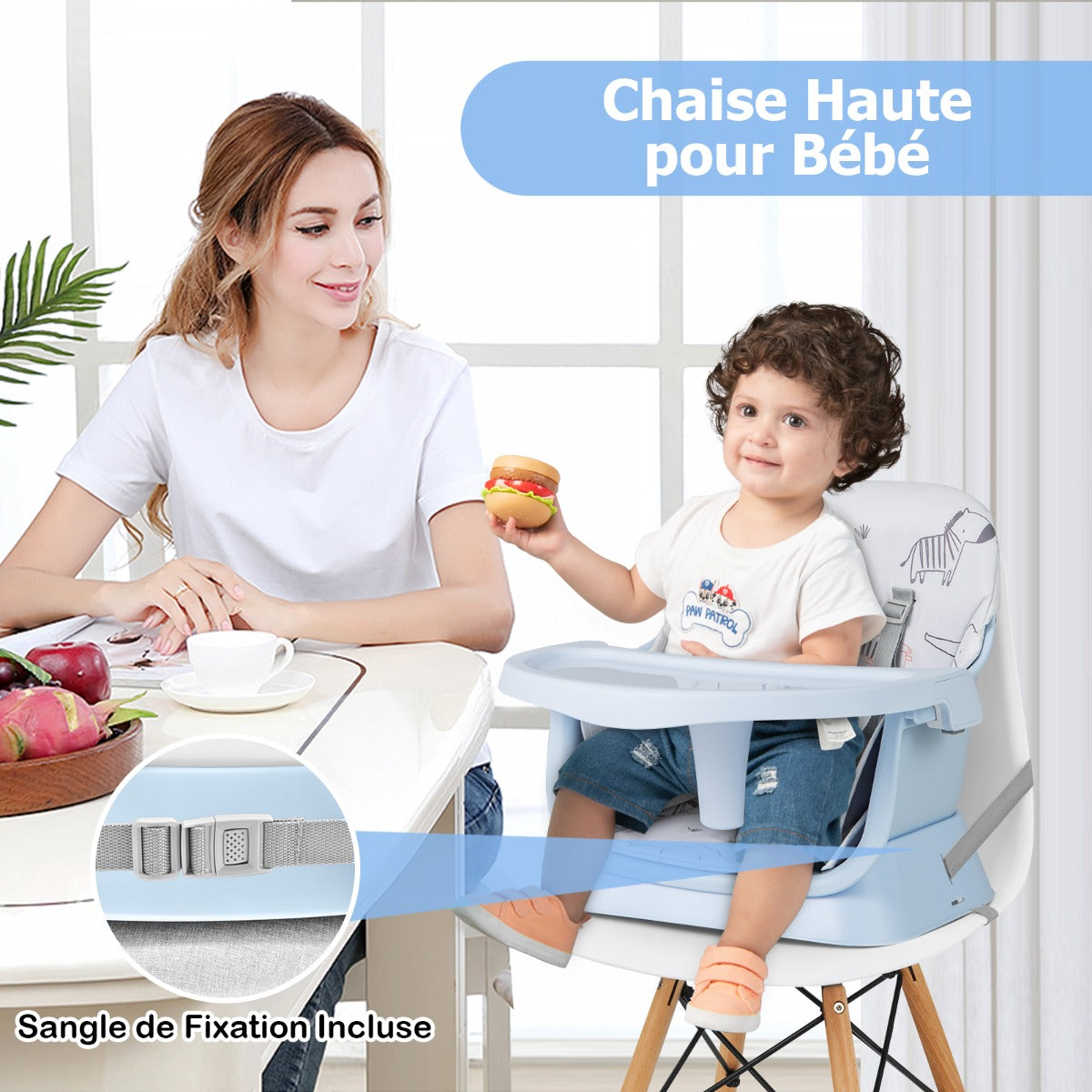 6 in 1 Baby High Chair Convertible Baby Feeding Chair Kids Stool with 5 Point Harness Tray and Blue