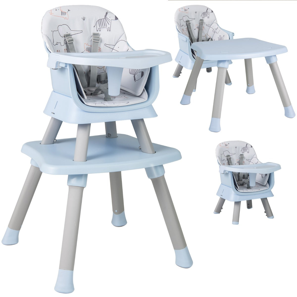 6 in 1 Baby High Chair Convertible Baby Feeding Chair Kids Stool with 5 Point Harness Tray and Blue