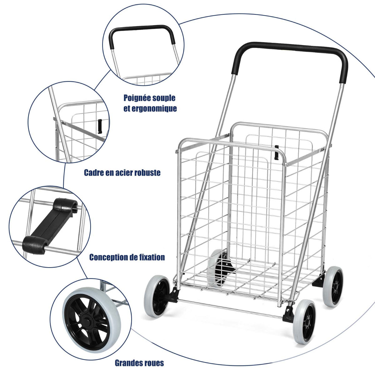 Shopping Cart Folding Shopping Cart Trolley with Wheels Silver