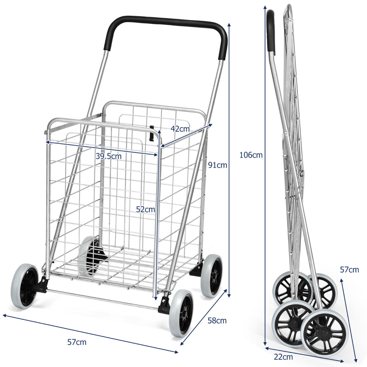 Shopping Cart Folding Shopping Cart Trolley with Wheels Silver