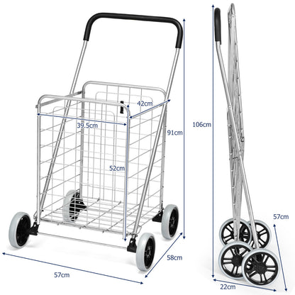 Shopping Cart Folding Shopping Cart Trolley with Wheels Silver