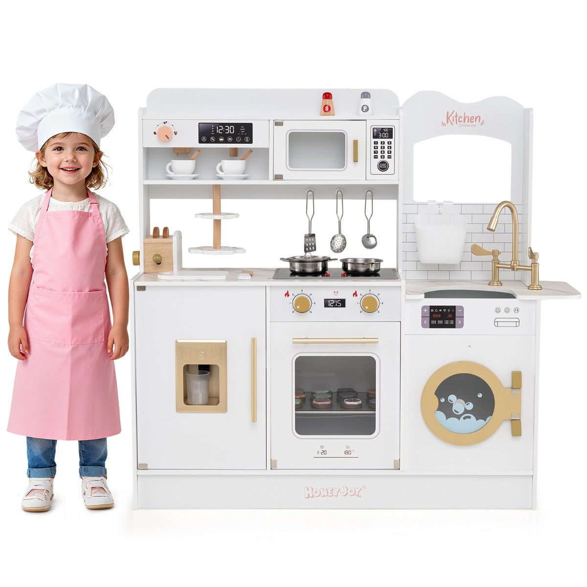 Children Pretend Toy Kitchen Playset with Stoves and Coffee Machine-White
