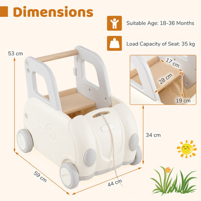 Children Push Walker Cart with Handle and Wheels-White