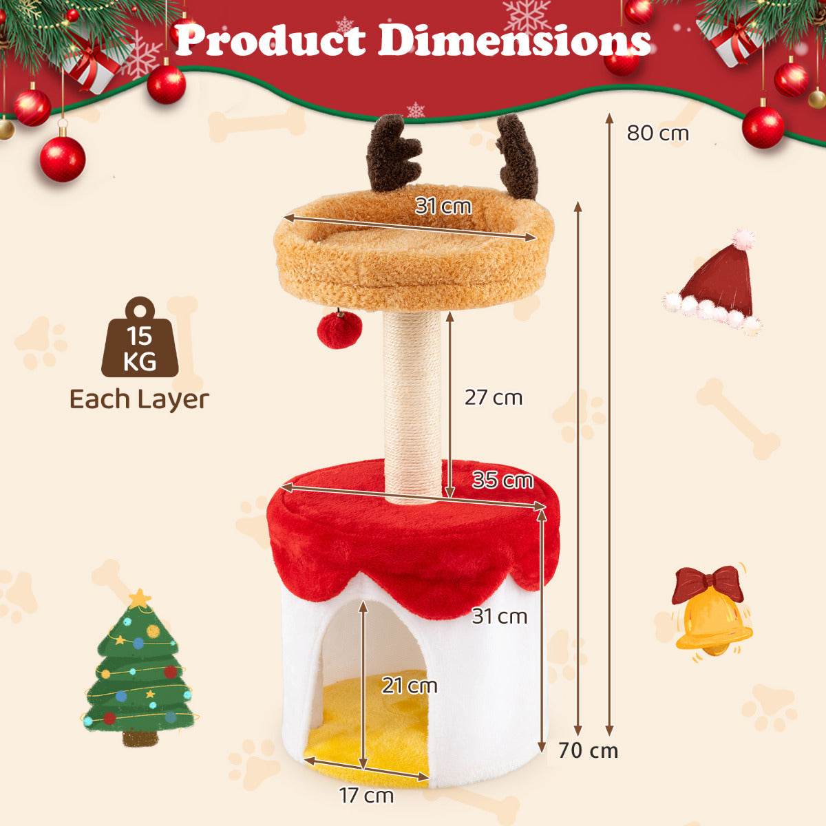 Christmas Cat Tree with Bed 80 CM Modern Kitten Tower with Sisal Scratching Post-Orange
